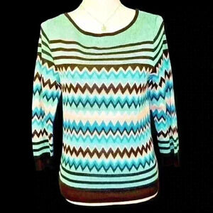 7th AVE NY Womans AQUA BLACK WHITE PINK Knit Shirt LIGHTWEIGHT Stretch Top Med